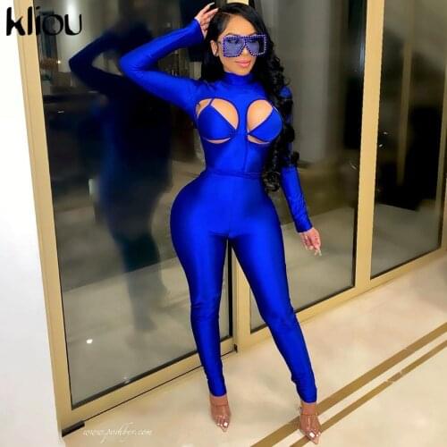 Kliou Patchwork Sexy Jumpsuit Women Autumn Turtleneck Full Sleeve Skinny Rompers Female Hot Overoll Shiny Party Streetwear 2021