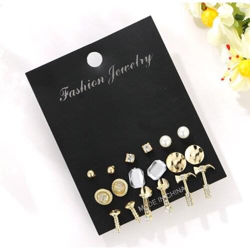 Hot Sale Women Creative Fashion Jewelry Ear Studs 9 Pairs Set Crystal Ear Hammer Wrench Personality Earrings Wholesale
