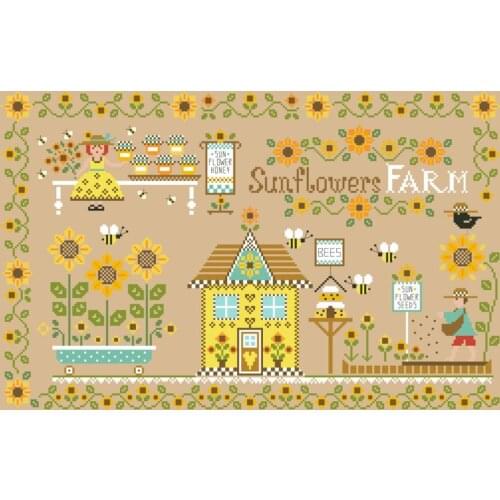 Sunflower farm cross stitch kit simple cartoon design cotton silk thread 14ct 11ct linen flaxen canvas embroidery DIY needlework