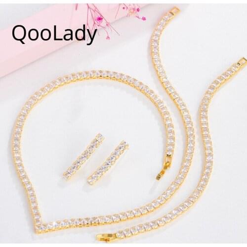 QooLady Famous Brand 2020 Dubai Gold White Square Cut Cubic Zirconia Necklace Earrings Bracelet Women Wedding Jewelry Sets Z079