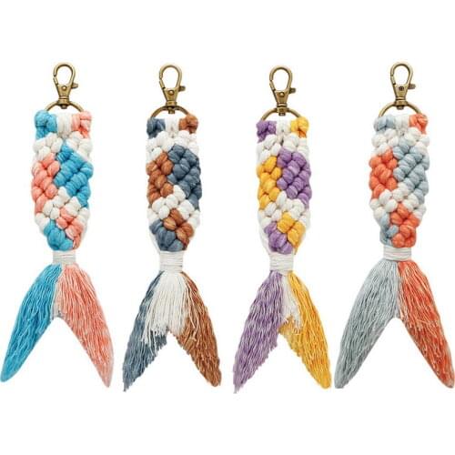 Rainbow Woven Braid Cotton Animal Mermaid Keychain for Women 2021 Autumn New Style Fish Tassel Macrame Key Chain Bag Accessory