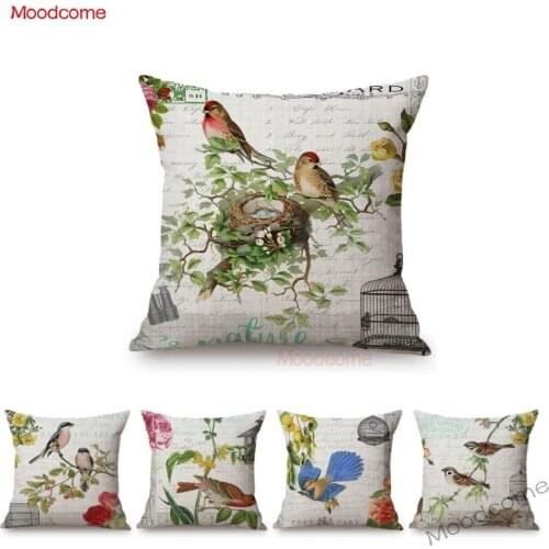 Retro Poster Style Flowers Birds Bird Cage Home Decorative Sofa Throw Pillow Case Cotton Linen Floral Letters Cushion Cover Case