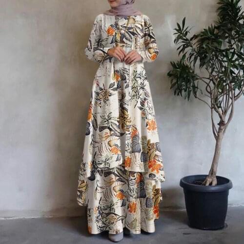 Kaftan ZANZEA Muslim Turkish Dress Womens Autumn Printed Sundress Maxi Vestidos Female Layers Floral Long Sleeve Robe Femme