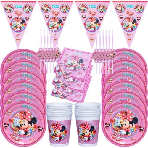 Disney Minnie Mouse Theme Disposable Set Paper Plate Cup Straw Flag Napkin Party Supplies Girls Birthday Decorations Baby Shower