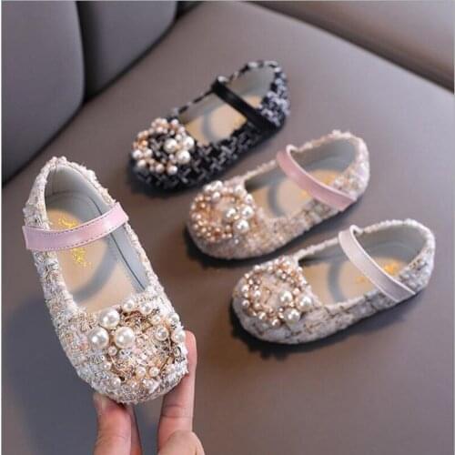 Spring Autumn Girls Shoes Pearls Princess Shoes Costume Tweed Baby Kids Children Shoes Plaid Bead Toddlers Non-Slip Shoe