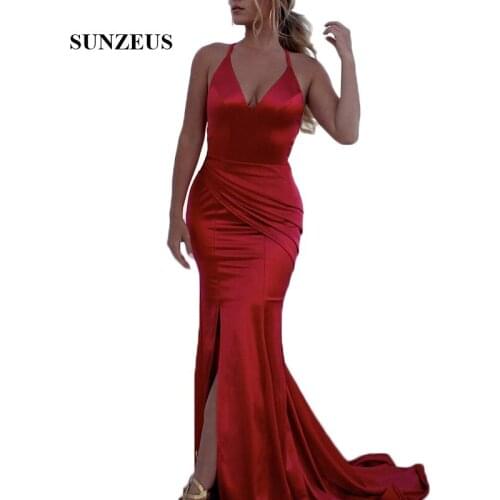 Hot Red Mermaid Formal Evening Dresses V Neck Pleats Simple Long Evening Gowns Leg Slit Party Dresses Back Criss-Cross SE7