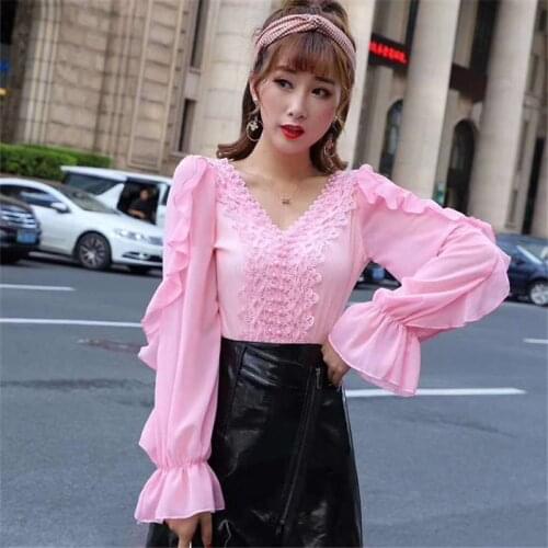 Spring Women Hollow Out Lace Blouse Sexy V-Neck Beading Chiffon Shirt Female Casual Ruffles Long Sleeve Blouses Shirt Tops A1380