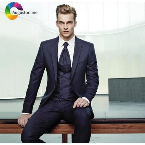 Vintage Italian Navy Blue Men Suits for Wedding Double Breasted Vest 3Pieces Slim Fit Groom Tuxedos Man Blazers Jacket Costume