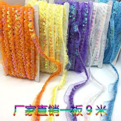 9Meters Pleated Sequins Lace Trim Bubble Skirt Ruffle Gauze Lace Ribbon Stage Costume Baby Clothes Accessories Paillette Fungus