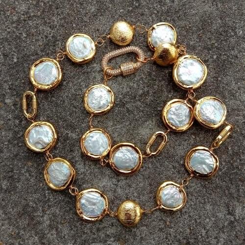 YYGEM Natural Freshwater Cultured White Coin Pearl Electroplated Edge Wrap Necklace 24" For Women