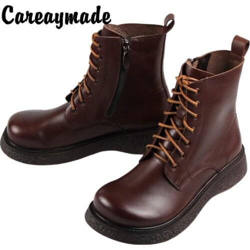 Careaymade-Handmade Genuine leather short boots womens thick soled retro big head Martin boots casual handsome single boots