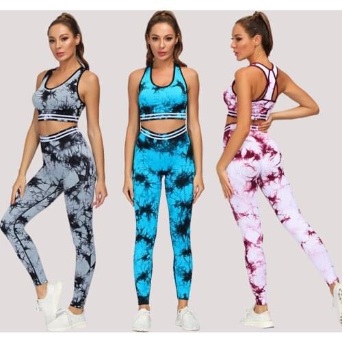 Femme 2 Piece Tie Dye Sports Sets Gym Yoga Set Conjuntos De Mujer High Waist Sportswear Fitness Women Sports Bra