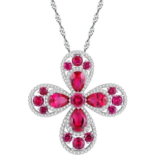 Gz Zongfa Sexy Fashion Custom Red Gemstone Flower Pendant Necklace 925 Sterling Silver Necklace Women