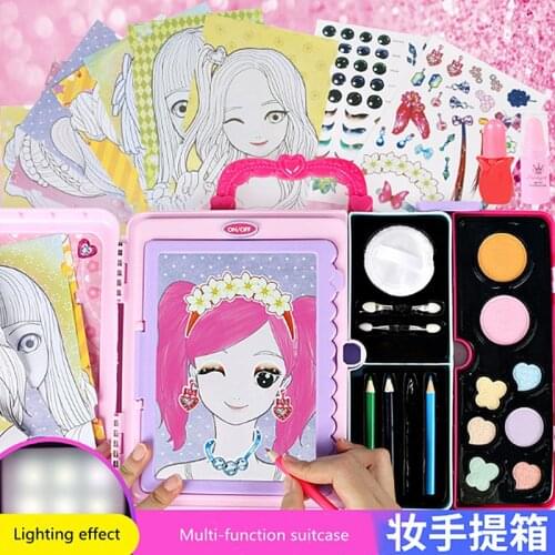 3 in 1 Childrens Lighting Painting Board Girls Multi-function Portable Beauty Girl Toys Makeup Box Sticker Game Painting Toys