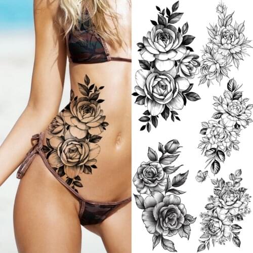 3D Realistic Black Rose Flower Temporary Tattoos For Women Thigh Adult Peony Butterfly Fake Tattoo Sexy Waist Body Art 3D Tatoos