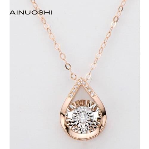 AINUOSHI 0.06 Carat Real Diamond Pear Shaped Dancing 18K Rose Gold Pendant Necklace For Women Holiday Surprise Jewelry Gift 18