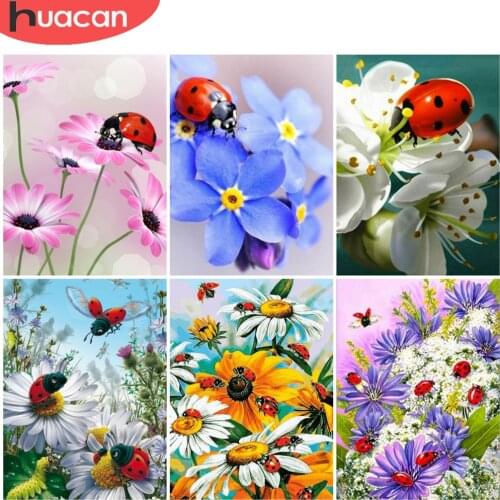 HUACAN Full Drill Diamond Painting Flowers Cross Stitch Embroidery Mosaic Ladybug Wall Art Childrens Room Decor