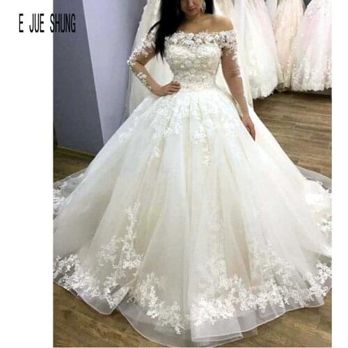E JUE SHUNG Robe De Mariee Ball gown Wedding Dresses Long Sleeves Off Shoulder Lace Up Back With Appliques Organza Bridal Gowns