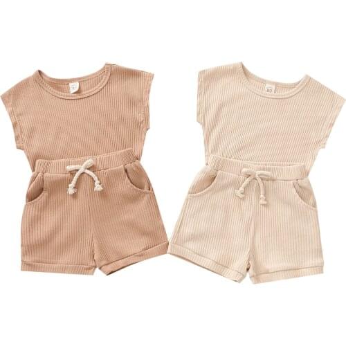Kids Baby 2-piece Summer Ribbed Outfit Set Solid Color Top and Pocket Shorts Set for Children Boys Girls 6M-3T