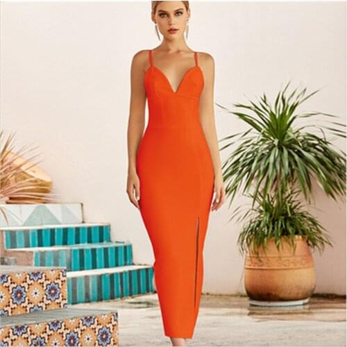Elegant Straps Bandage Dress Female Sleeveless Low V Neck Sexy Dress Summer Solid Split Fashion Street Wear Party Vestidos Women