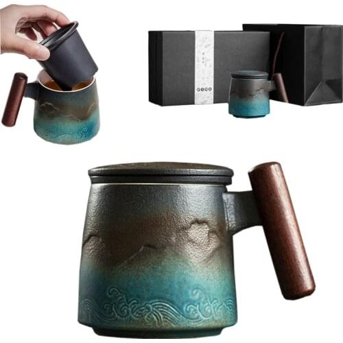 Retro Mug Ceramic Large Tea Cup Filter Tea Cup with Lid Cup & Mug Wooden Handle Tumbler Cup Gift Box Set Kitchen Dining & Bar