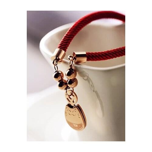 Red Rope Weaving Fortune Lucky Cat Bracelet Fine Jewelry Titanium Steel Rose Gold Color Valentine Gift Free Shipping No Fade