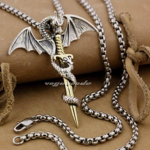 LINSION 925 Sterling Silver Flying Dragon & Brass Sword Mens Biker Rock Punk Pendant 8P027