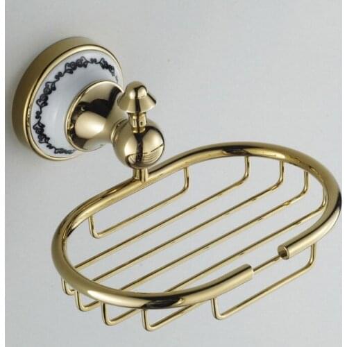 Bathroom Accessory Luxury Polished Gold Color Brass Ceramic Flower pattern Wall Mounted Bathroom Soap Basket Dish Holder mba253