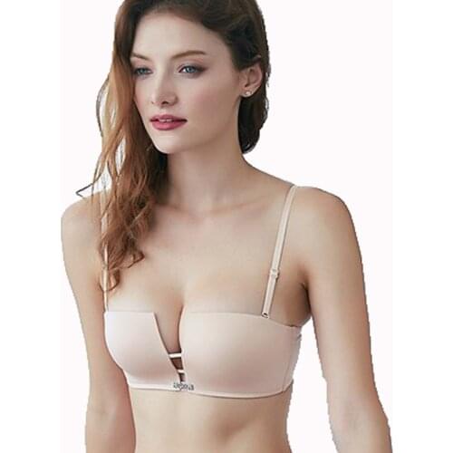 Invisible t shirt bra No steel ring gathered small chest thin half cup non-slip shoulder underwear double cup deep u push up bra