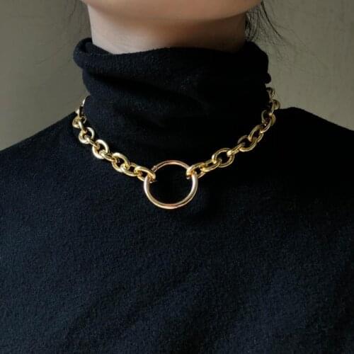 ORZTOON Hip Hop Punk Metal Large Circle Pendant Necklace For Women Exaggerated Simple Thick Gold Chain Necklace Trendy Jewelry