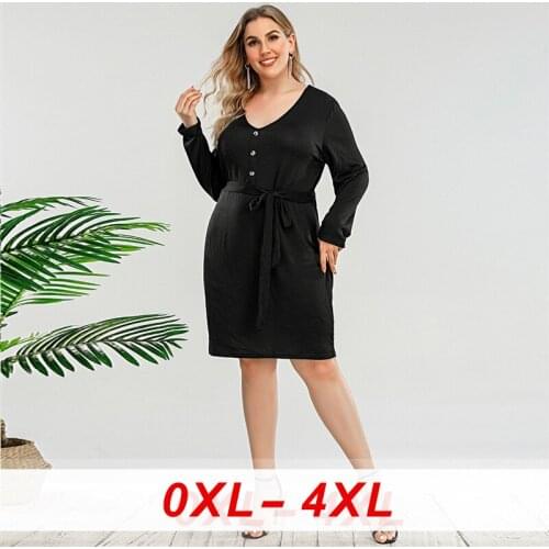 Straight Women Long Sleeve Knee-Length Dress Plus Size Women Elegant V Neck Button Loose Solid Sashes Dress Black Spring Autumn