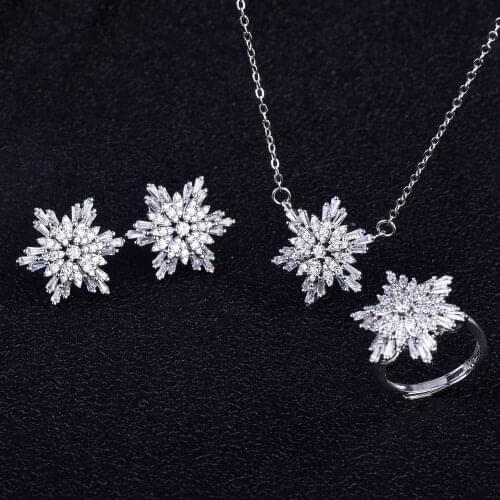 Crystal Bridal Jewelry Set for Women Sterling Silver 925 Snowflake Wedding gifts Earring Pendant Ring Bracelet Set