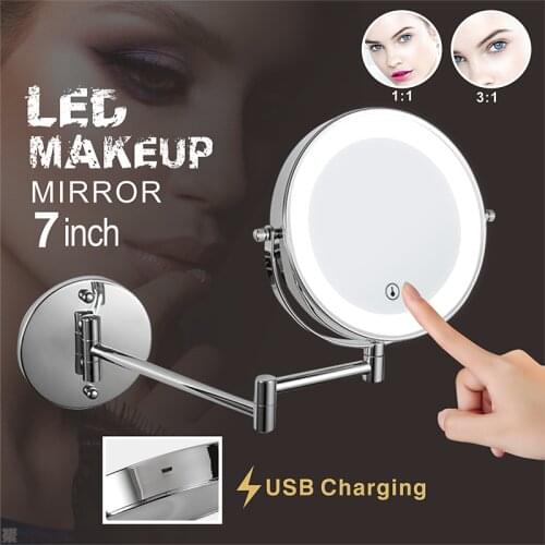 Folding Arm Extend Bathroom Mirror With LED Light 7 Inch USB Charging Wall Mounted Double Side Smart Cosmetic Makeup Mirrors