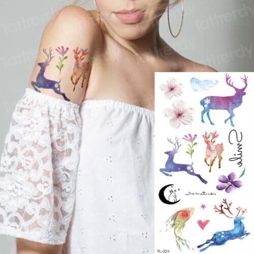 Temporary tattoo animals deer tattoo body stickers women kids tattoo forest horse sea tattoo for girls arm hand tatoo watercolor