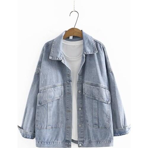 Plus size womens denim jacket turn-down collar letter embroidery autumn 2021 womens clothing loose Womens outerwear coat