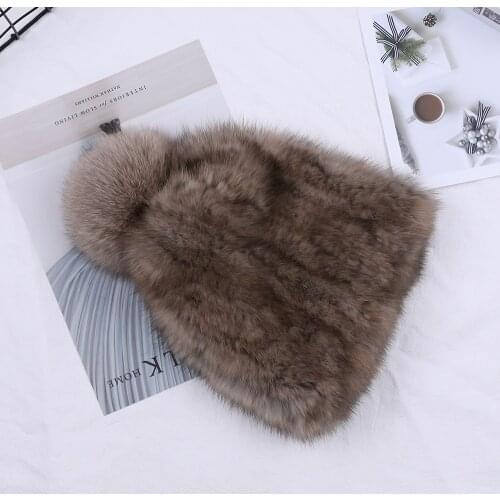 Highend Womens Winter Knitted 100% Real Sable Fur hat Fur Beanie Russian Mink Fur Cap With Fox Fur Pom Poms Female Warm Thick