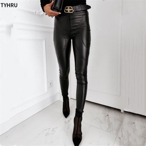TYHRU Womens Skinny Leather Pants Solid Casual Trousers High Waist Tight Pants Autumn Wild Sexy Office Lady Elastic Trousers