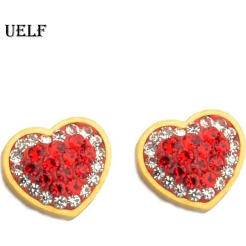 Uelf 2019 New Design Girl Statement Earring Women Metal Gold Color Red Crystal Heart Stud Earrings Fashion Stainless Jewelry