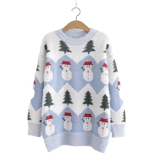 Womens Harajuku Cute Knitted Sweater 2020 Autumn Winter O-neck Sweet Pullover Girl Jacquard Sweater Pink Blue Knit Sweaters