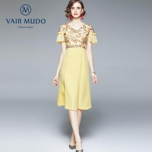 Light Cooked Style Dress Female Trumpet Sleeves 2021 Summer Gentle Temperament V-Neck Print Stitching Fishtail Skirt FemaleY-301