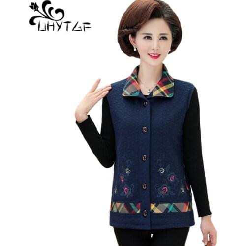 UHYTGF Middle-Aged Elderly Spring Autumn Vest Women Fashion Embroidered Short Coat Thin Tops Sleeveless Plus Size Waistcoat 1754
