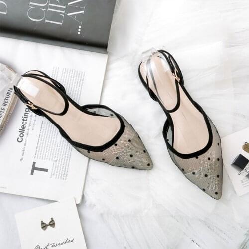 2019 summer new style Polka dot mesh Lace Pointed flats Female versatile comfort One-button buckle with baotou sandals