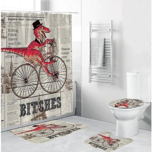 3D Cartoon Dinosaur Printed Bathroom Shower Curtain 4 Piece Waterproof Bathroom Set with Hooks Toilet Cover Mat Non-Slip Rug Set