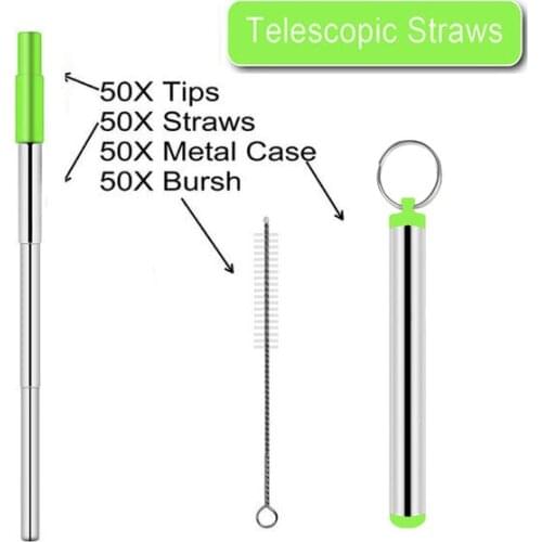 50PCS Portable Stainless Steel Telescopic Straw Travel Straw Reusable Straw, With Brush, Silicon Tips, Metal Carrying Case