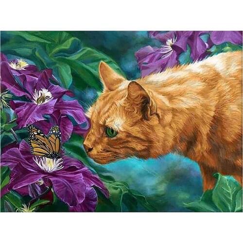 Diamond Painting Full Circle Diamond Kit Rhinestone Picture Art Craft Home Door Decoration (Cat and Butterfly)