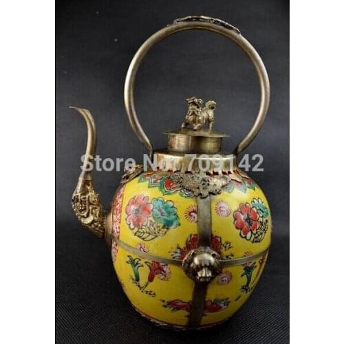 Decoration Decor yellow Porcelain flagon tibet silver handwork paintting Flower big Teapot statue Tibet Miao Antique Old Silver