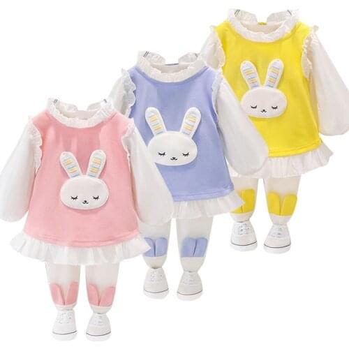 2021 Children Spring Cotton Suit Baby Girl Cute Long Sleeve Upper Cartoon + Pants Set Casual Color Matching Clothing For Kids