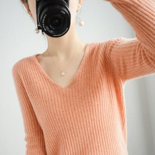 Spring Autumn And Winter New Style 100% Pure Wool Ladies Sweater V-Neck Knitted Pullover Pure Color Slim Soft Knitte Class