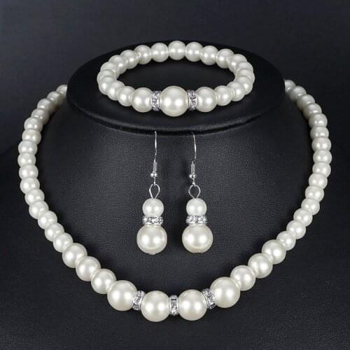 Elegant White Faux Pearl Necklace Earrings and Bracelet Pearl Beaded Chain Drop Earrings Costume Jewelry Set for Women