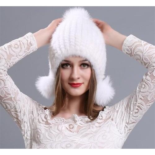 IANLAN Fashion Winter Solid Knit Real Fur Bomber Hats Women Mink Fur Caps Fox Fur Earmuffs Hats IL00038